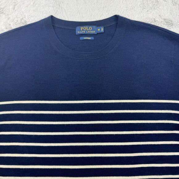 Polo Ralph Lauren Womens Cashmere Sweater Medium Blue Striped Lightweight Crew - Picture 3 of 9